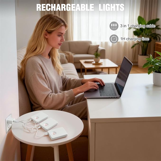 3 Pack Wireless Rechargeable Motion Sensor Stair Light, Smart Led Motion Activated Battery Operated Night Lights, RGBW Stick On Closet Lamp Indoor for Step Cabinet Hallway Bathroom Stairway