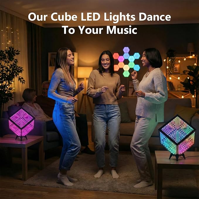 Infinity Hyper Cube LED Table Lamp - Infinity mirror desk Lamp with 100+ Patterns, Music Sync, App Control,Cool Color Changing Night Lights For Gaming,party,living room,bedroom, light display(7Inches)