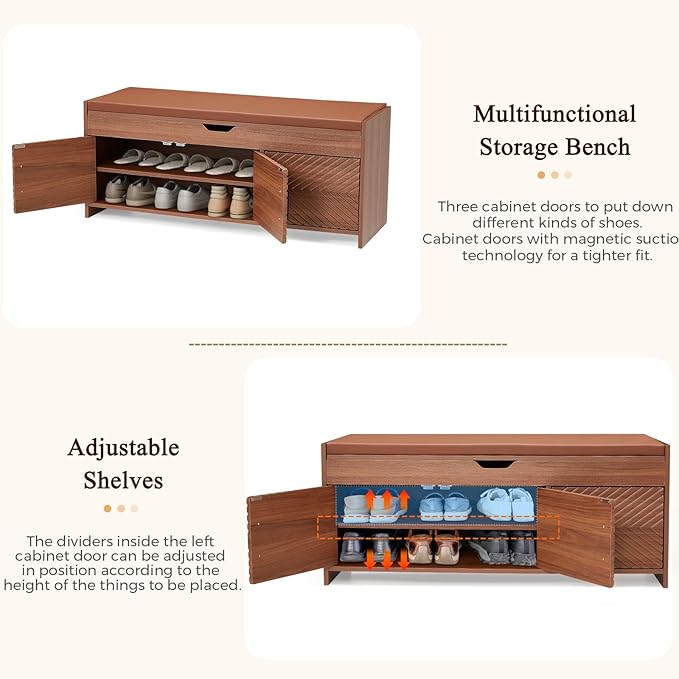 ECOTOUGE Storage Bench, Shoe Bench with Lift Top Storage, Entryway Bench with Cushioned Seat, Adjustable Shelf for Living Room, Bedroom, Hallway, Brown