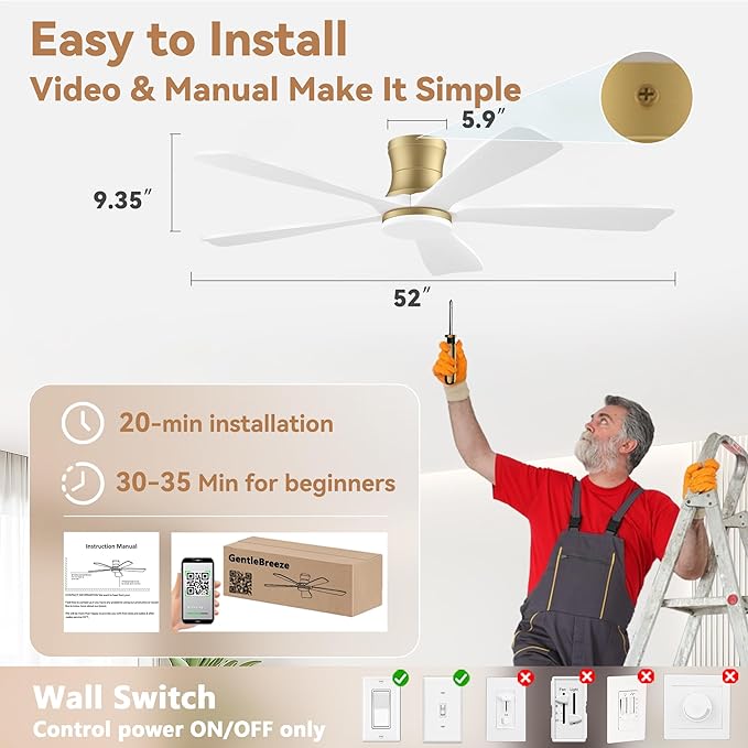 52 Inch Wood Smart Low Profile Ceiling Fans with Lights Remote,Control via WIFI Alexa Google App,6 Speed,Quiet DC Motor,Flush Mount Outdoor Indoor Ceiling Fan for Modern Bedroom Patio Porch,Gold White