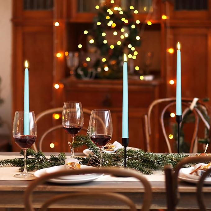 Macarrie 24 Packs Flameless Taper Candles Battery Operated Fake 11 Inch Long Candlelight LED Flameless Candlesticks Flickering Tapered for Spring Summer Wedding(Teal)