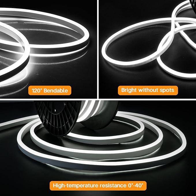 SURNIE 50ft/15m LED Neon Rope Lights - 110V Flex Strip Lights Outdoor Waterproof - 6000K Daylight White Flexible DIY Cuttable Connectable Light for Bar, Gaming Room, Commercial Building Use