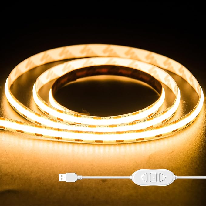 USB 5V COB LED Strip Lights 9.84ft/3M, Warm White 2700K Dimmable USB Powered Density COB Tape Flexible Cuttable LED Strip for TV Backlight, 3D Printer, RV, Sewing Machine, Bedroom, Mirror