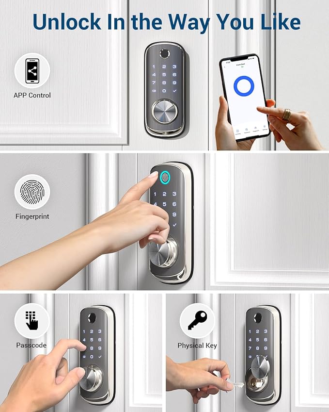 WiFi Smart Door Lock - TEEHO Fingerprint Keyless Entry Lock for Front Door - Built in Wi-Fi Smart Deadbolt - APP Remote Control - IP65 Weatherproof - ANSI Grade 2 - Bright Nickel