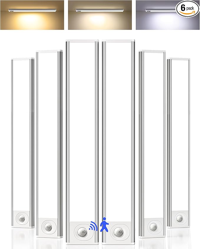6-Pack Under Cabinet Lighting Wireless, LED Motion Sensor Light Indoor, Rechargeable Closet Lights Battery Operated, Dimmable & 3 Color Temps, Under Counter Lights for Kitchen, Stairs(14inch)