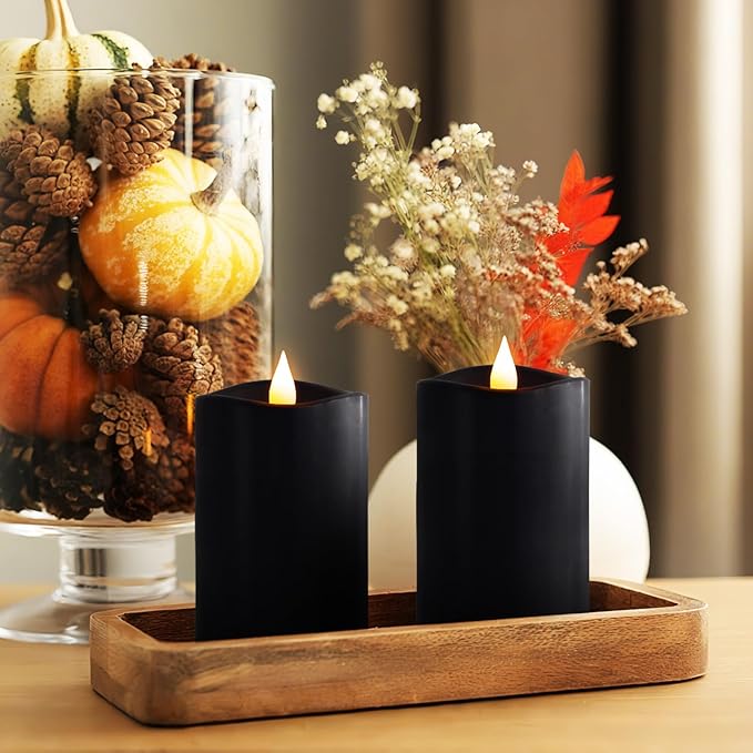 3″x5″ Flickering Flameless Candles Set of 2, 2AA Battery Life 600 Hours Battery Candles Flickering with Timer,5 inch Flameless Candles with Remote for Christmas Decorations Indoor/Outdoor, Black