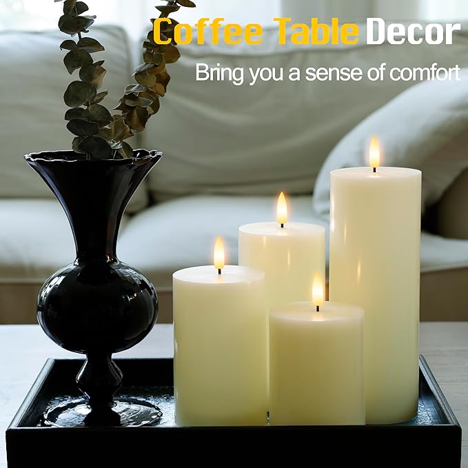 Flameless Pillar Candles with Remote Set of 4, Real Wax LED Battery Operated Candles, Safe Home Décor for Living Room, Bedroom, and Dining Table, Ivory
