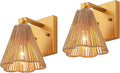 Set of 2 Wall Sconces Boho Hand Woven Rattan Wall Lights Brass Wall Lamp with Flower Wicker Shade for Bedside Hallway Vanity Stairway Fireplace Living Room, UL Listed
