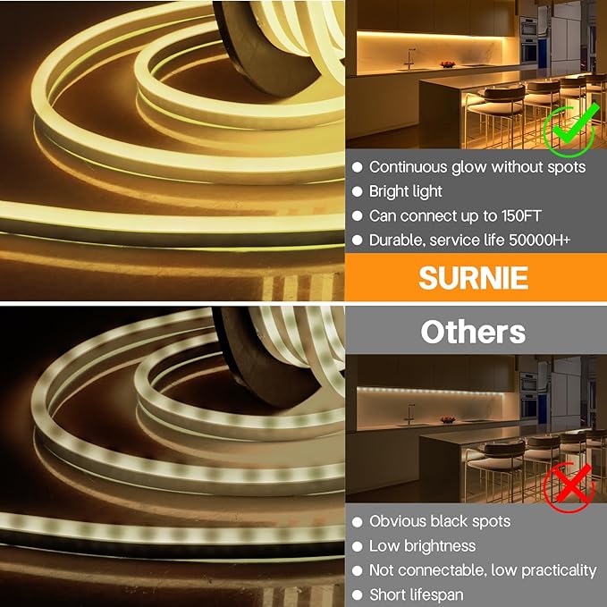 SURNIE 50ft/15m LED Neon Rope Lights - Commercial Neon Strip Light Outdoor Waterproof - 110V Flex Warm White Neon Lights Connectable DIY Strips Lighting for Indoor Outdoor Decor