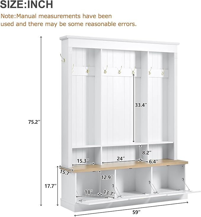 LUMISOL Hall Tree with Storage Bench and Shoe Storage, Coat Rack with Shelves and 9 Hooks, LED Light Entryway Bench with 3 Large Cabinets, for Entrance Mudroom Living Room, White