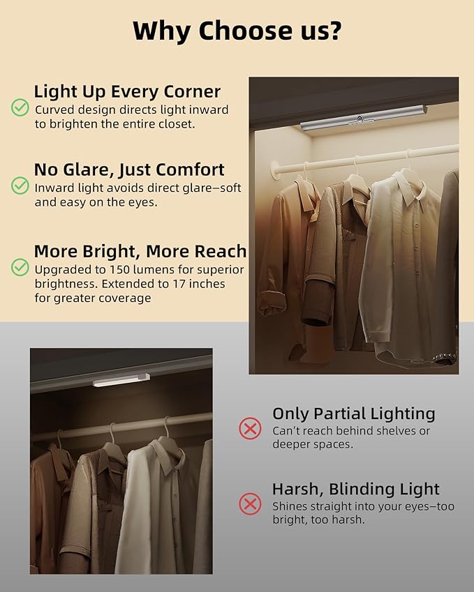 EZVALO 17-Inch LED Motion Sensor Closet Lights, 3600mAh Rechargeable Battery Operated, 150 Lumens No-Glare Curved, 3 Color Temperatures & Dimmable Wardrobe Lights for Panty & Shelves - 3Pack