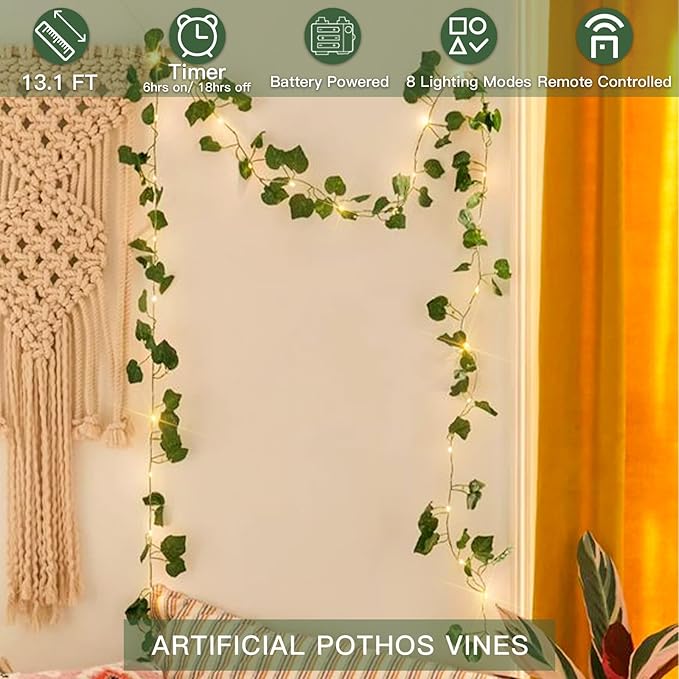 suddus Vine with Fairy Lights Battery Operated, 13.1ft 40 LED Pothos String Lights with Remote, Leaf Lights for Bedroom, Room, Wall, Garden, Party, Wedding Dorm Decor(Warm White)