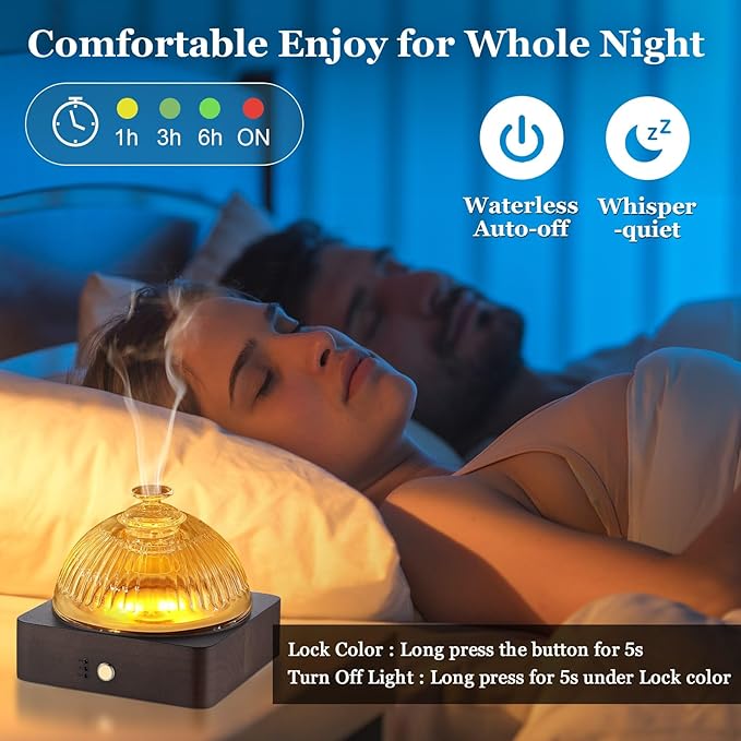 Glass Essential Oil Diffuser with Glass Reservoir & WoodBase, 200ml Ultrasonic Lock Color Timer Auto-Off 7 Color Light Aroma Glass Dome Diffuser for Home Office Bedroom Yoga - Dark Brown
