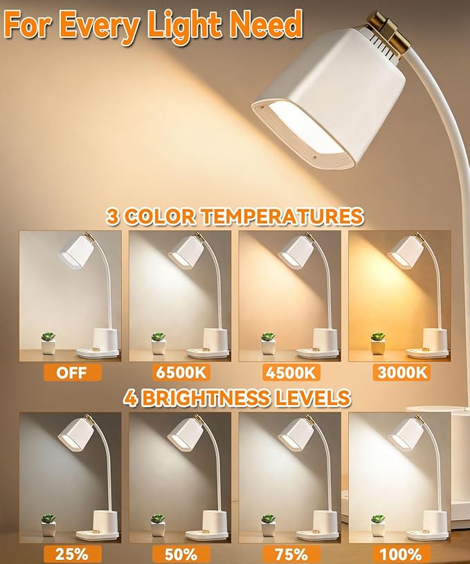LED Desk Lamps for Home Office with Charger Desk Light Table Lamp W/ Organizer for Bedroom/Study/Reading/Work/Task, Gooseneck Small Desk Lamp for Craft/Artist/Puzzle/Drawing,Eye-Caring LED Office Lamp