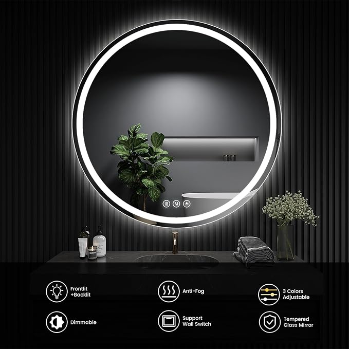 LED Bathroom Mirror 30 Inch Round Bathroom Mirror with Lights, Circle LED Mirror, Wall Mounted Lighted Bathroom with 3 Colors Brightness, Anti-Fog, Dimmable, Shatter-Proof
