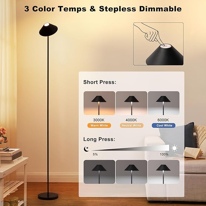 Rechargeable Floor Lamp for Indoor/Outdoor, Cordless Tall Standing Lamp with 3 Color Temps & Dimmable, IP43 Waterproof, Adjustable Height 16-59 Inch, LED Floor Lamp for Living Room, Patio(Black)