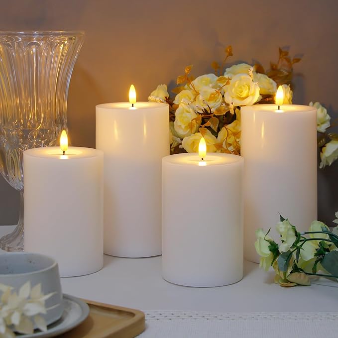 Flameless Flickering 4" x8" Real Wax White Remote Candles with Candle Grease, Pack of 2 Timer LED Battery Operated Fake Warm Light Pillar Candles for Home, Banquet, Ceremony Decoration