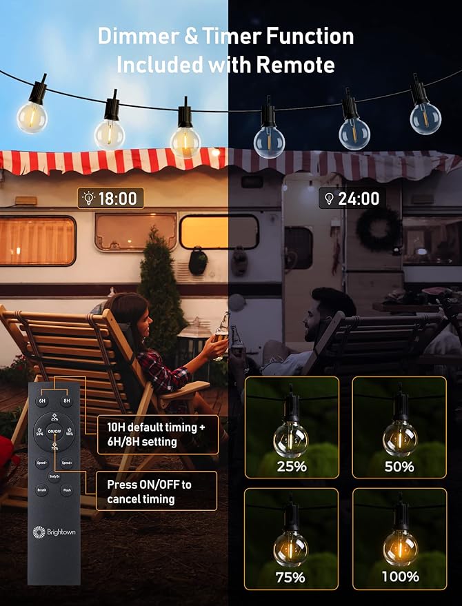 116FT Solar Lights Outdoor Waterproof with Remote, G40 Patio Lights with 50+2 LED Shatterproof Bulbs, 3 Lighting Modes, with Cable Ties, Hooks Hanging Lights for Backyard Party Decor, 2 Pack 58FT