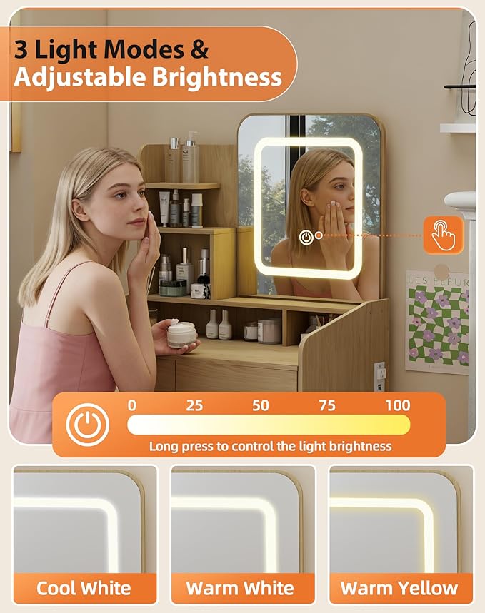 Small Makeup Vanity Desk for Girls with Lighted Mirror, 26.5” W Dressing Table with 2 Drawers and Power Outlet, 3 Light Modes & Adjustable Brightness, Vanity Table for Women Bedroom,Natural