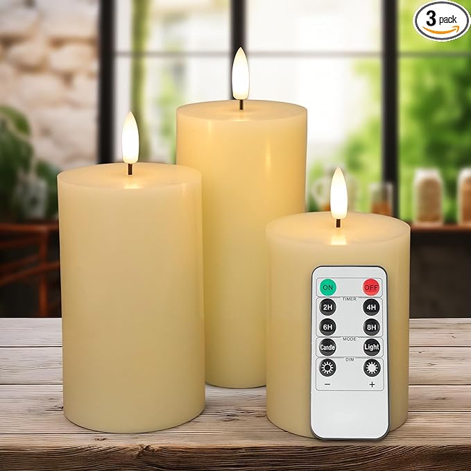 Flickering Flameless Candles, Real Wax Battery Operated Candles with Remote, Flat Top Led Flameless Pillar Candles for Home, Wedding, Party Decor, Set of 3, Φ 3" H 4" 5" 6", Ivory