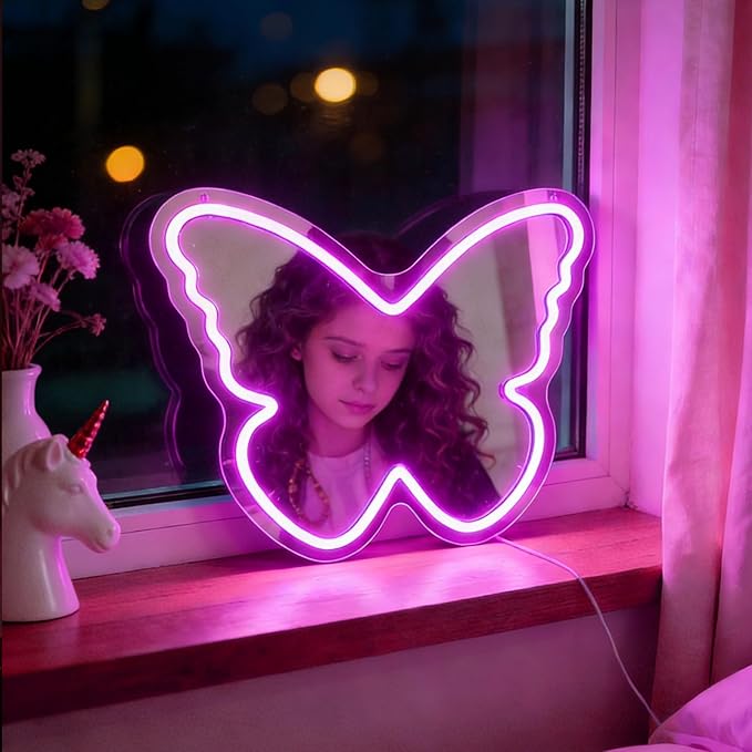 Butterfly Neon Sign with Mirror Backing - Dimmable LED Mirror Wall Decor for Girl's Bedroom, 16x12 Inch Glowing Purple Butterfly Vanity Mirror with Lights, USB Powered Kids Room Gift