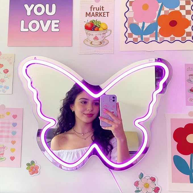 Butterfly Neon Sign with Mirror Backing - Dimmable LED Mirror Wall Decor for Girl's Bedroom, 16x12 Inch Glowing Purple Butterfly Vanity Mirror with Lights, USB Powered Kids Room Gift