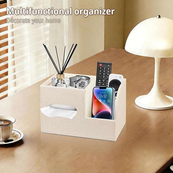 Leather Square Tissue Box Cover with Storage Tray,Cube Tissue Box Holder,Modern Facial Paper Organizer with Remote Control Holder for Bathroom,Vanity Countertop,End Table NightStand Home Office.Beige