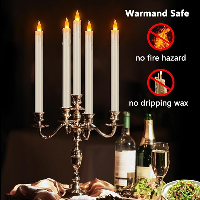 Flickering Flameless Taper Candles, 10" Fake Taper Candles Battery Operated with Timer, Long Lasting-Ivory Electric Led Candlesticks for Xmas Halloween Wedding Home Décor(Ivory Drip, 12 Pack)