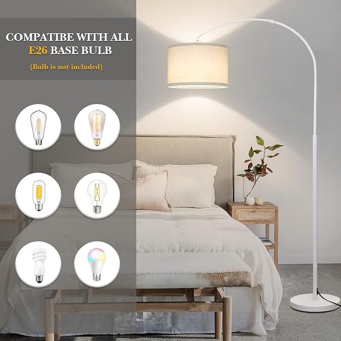 White Arc Floor Lamp, Modern Floor Lamp for Living Room with Adjustable Lamp Head, Tall Pole Standing Lamp with On/Off Pedal Switch, Over Couch Arched Reading Light for Bedroom, Office, Study Room