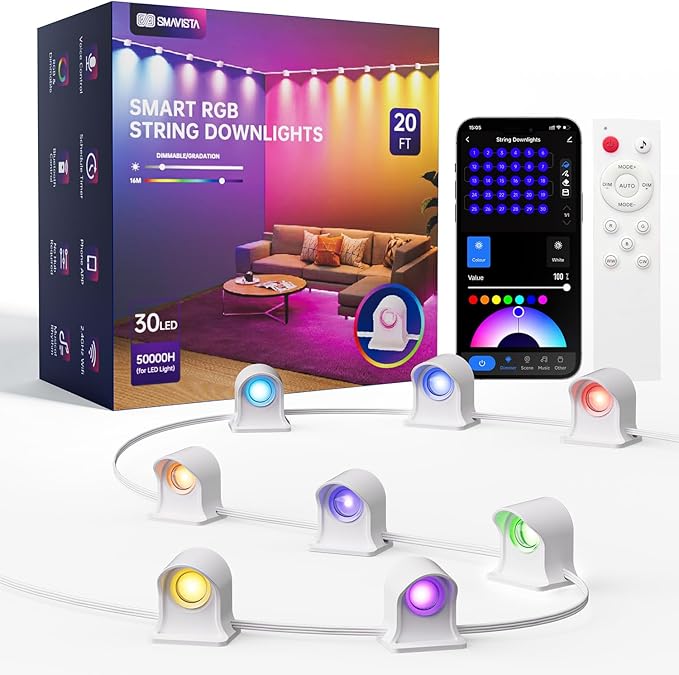 Smart RGBW+IC String Downlights, 20ft with 30 LED String Lights, 111 Scene Modes, Music Sync Color Changing Indoor Wall Light Fixture for Party, Christmas Birthday, APP/Voice/Remote Control