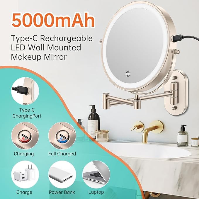 5000mAh Rechargeable Wall Mounted Lighted Makeup Vanity Mirror, Double Sided 1X 30X Magnifying Bathroom Mirror, 3 Color Lighting, Touch Screen Dimming, Extended Arm 360 Rotation Shaving Mirror