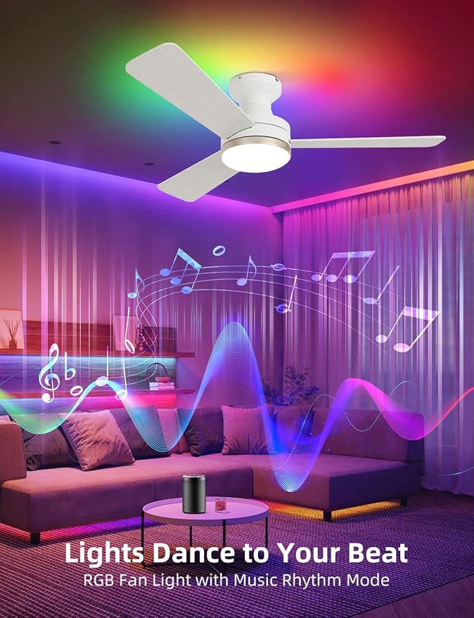 42 inch RGB Ceiling Fan with Light, Smart App & Remote Control Low Profile Flush Mount, Music Sync Lighting, 6-Speed Quiet Reversible DC Motor, 4CCT Dimmable for Home Office Party