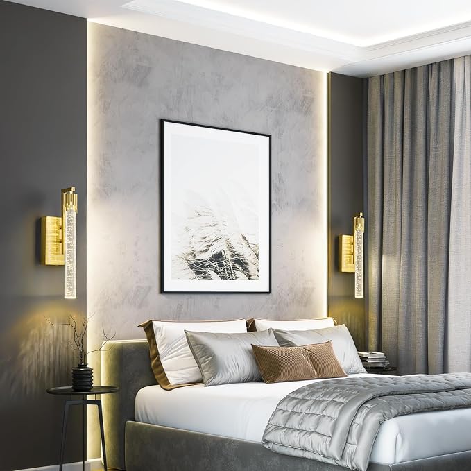 Gold LED Wall Sconce Set of Two with Bubble Crystal Stick Wall Light Modern Bathroom Vanity Light Fixture for Bedroom Bedside Hallway
