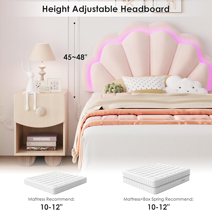 HIFIT Twin Upholstered Smart LED Bed Frame with Storage Drawer and Adjustable Chic Double Petal Headboard, Princess Platform Bed for Girls/Kids, Solid Wood Slats Support, No Box Spring Needed, Pink