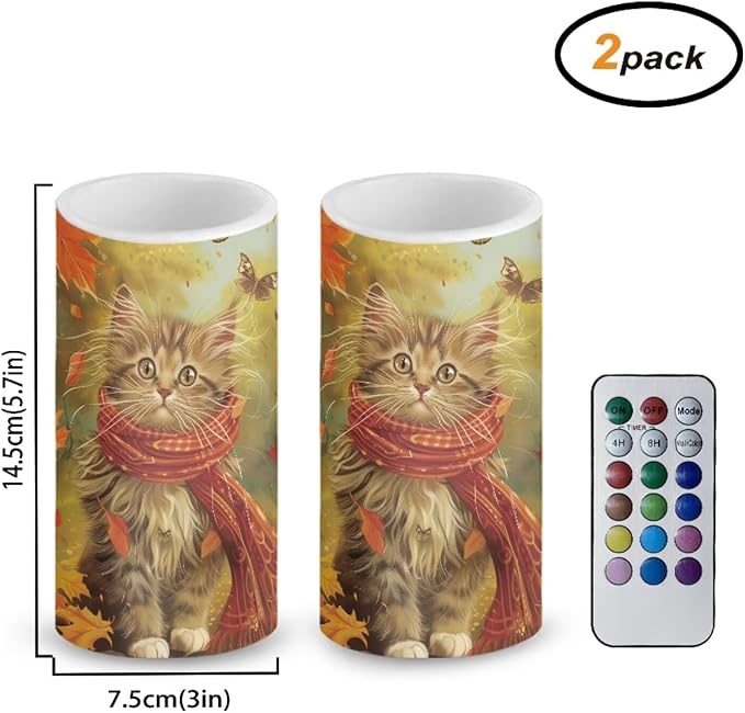Cat Maple Leaf Battery Candles with Remote Control Fall Decor Flameless Candles Autumn Pillar Candle LED Fake Candles Color Changing for Thanksgiving Decorations Indoor Home Room Party