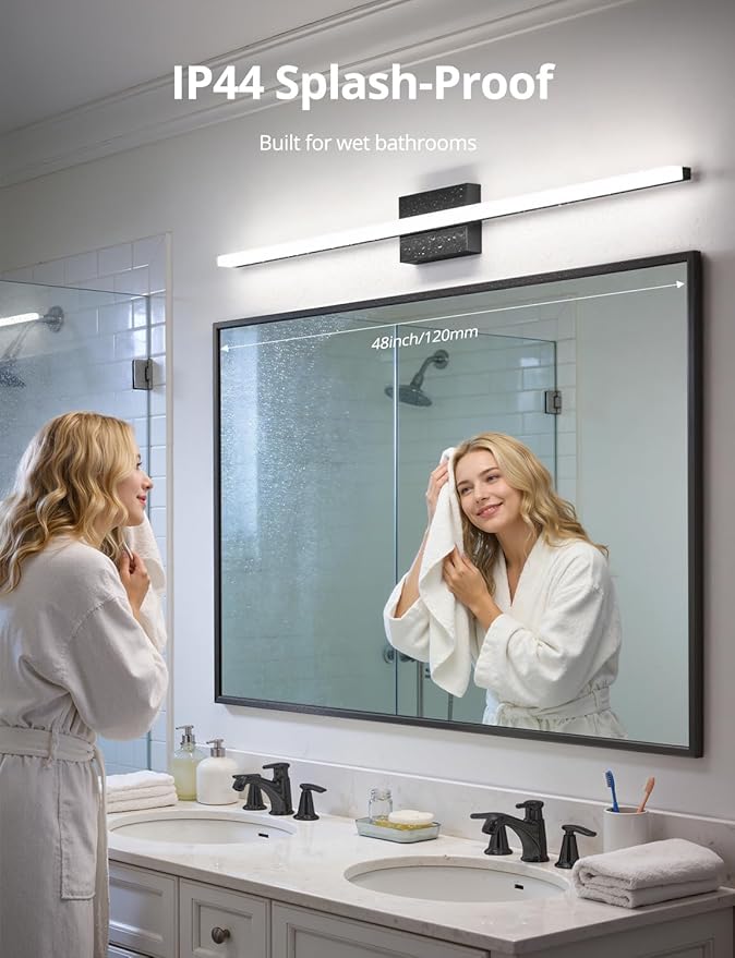 Combuh 48Inch Bathroom Vanity Light Fixtures Extra Long Lighting Bar Above Mirror, Modern Black Bright 23W 2300LM Wider Coverage Slim Sleek IP44 Rustproof LED Bath Wall Sconce for Makeup Cool White