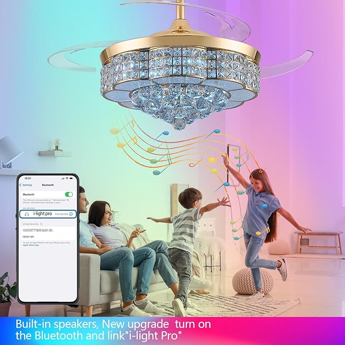 RGB Ceiling Fan with Light,36 Inch Fandelier Crystal 6-Speed Silent Reversible Remote APP Control LED Chandelier Speaker Dimmable Bluetooth, Gold