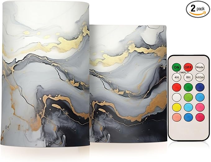 Black and Gold Marbled Pattern Flameless Candles Color Changing LED Candles with Remote Control Battery Candles for Outdoor and Indoor Home and Room Decoration, 3'' x 4''/5'' Set of 2 Pieces