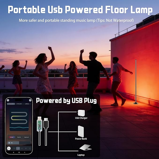 Led Corner Floor Lamp USB Powered with App & Remote Control, Color Changing Led Lamp Music Sync IC+RGBW, Timer, 64+ Music Modes, Standing Lamps for Living Room Lamp Bedroom Gaming Room, 2 Pack