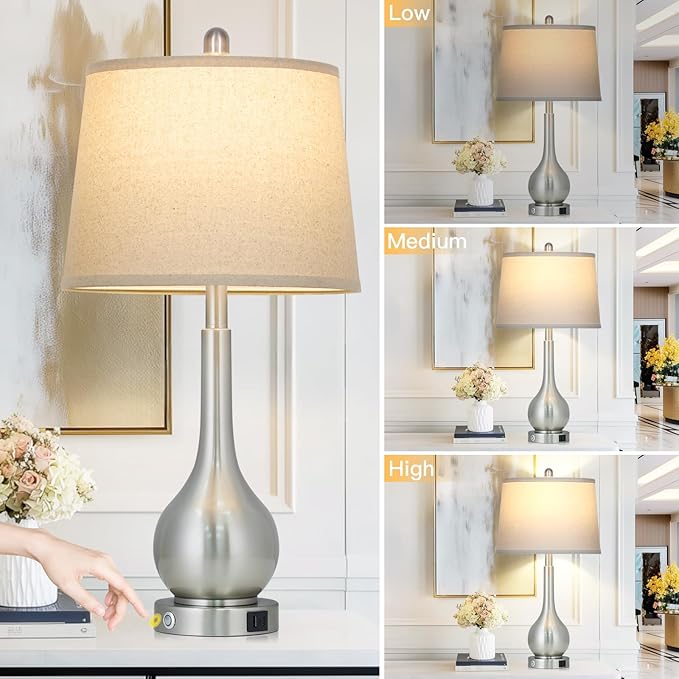26" Silver Table Lamps Set of 2 for Living Room, Touch Control Bedside Lamp with USB Charging Ports, 3-Way Dimmable Brushed Nickel Bedroom Lamps for Nightstand (2 LED Bulbs Included)