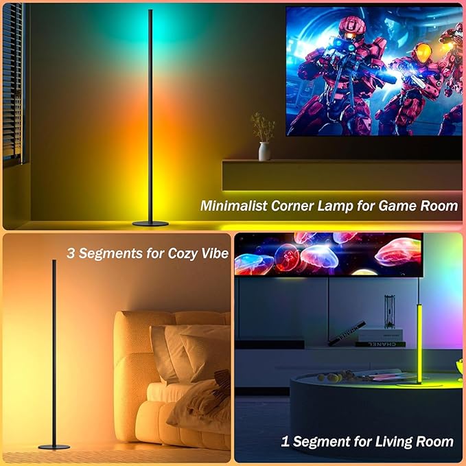 Corner Floor Lamp, RGB IC LED Corner Lamp, 16 Million DIY Color & Warm White, Music Sync and Timing Function, Color Changing Ambient Lights for Living Room, Bedroom, Gaming One Connected Pair