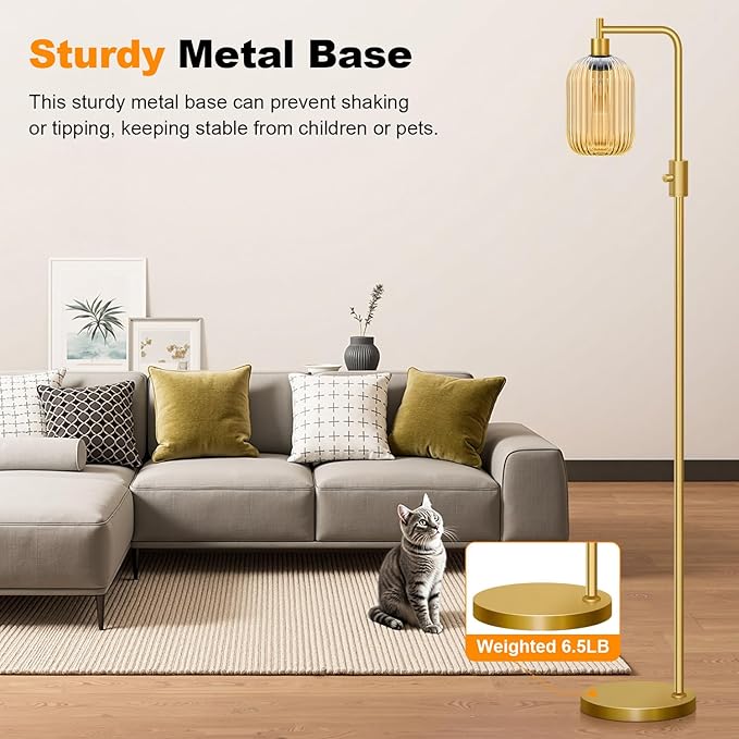 【Upgraded】 Dimmable Glass Floor Lamp for Living Room, Modern Gold Standing Lamp with Amber Ribbed Glass Lampshade & Knob Dimmer, Arc Tall Lamp for Bedroom Office Reading Room, 2700K Led Bulb Included