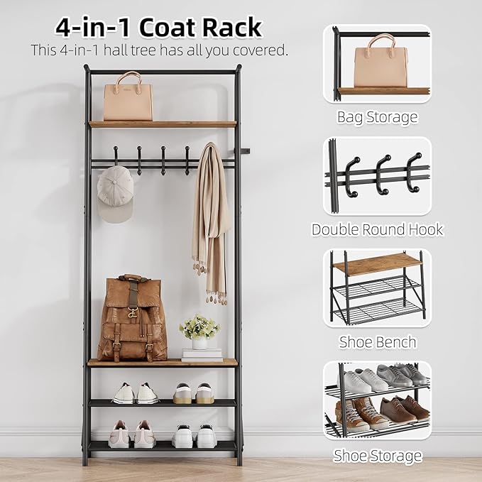 Jojoka 25" Coat Rack, Hall Tree with Shoe Bench and Storage, 4-Tier Shelf with 5 Hooks, Freestanding Metal Entryway Organizer for Hallway, Accent Furniture for Bathroom