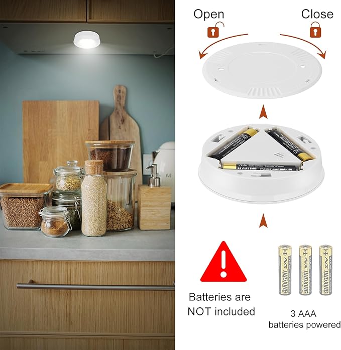 LUXSWAY LED Puck Light, Ultra-Thin Touch Light, Battery Operated, Tap Lights, 60 Lumens, Stick on Lights, Under Cabinet Lighting, Ideal for Kitchen Cabinets, Closets, Garage and More, 3-Pack, White