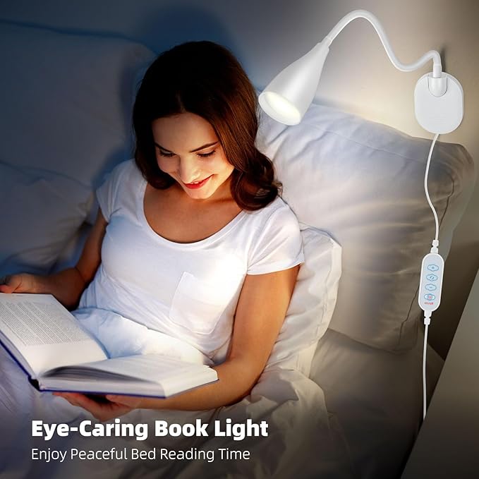 Wall-Mounted LED Bedside Reading Light with USB Charging Port, 10-Level Dimmable & Adjustable 5 Color, Plug-in Adhesive Night Lamp for Books in Bed, Eye-Caring Bedroom Lighting (White)