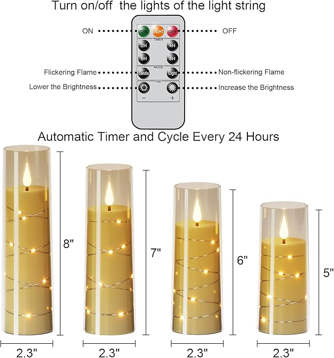 Wondise Flameless Flickering Candles with Embedded Star String Remote and Timer Battery Operated Flickering LED Candles Durable Acrylic Shell Pillar Candles for Christamas Home Decoration (4pack