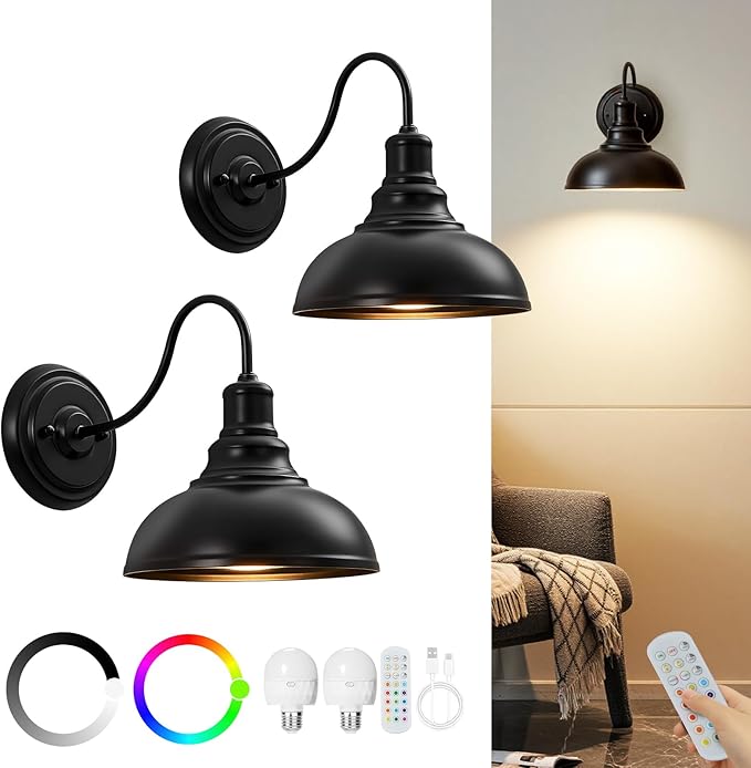 Lightess Black Battery Operated Wall Sconces Set of Two, Vintage Wireless Wall Lights with Rechargeable 12 Colors Bulbs, Dimmable Cordless Gooseneck Wall Decor Lamps with Remote Control