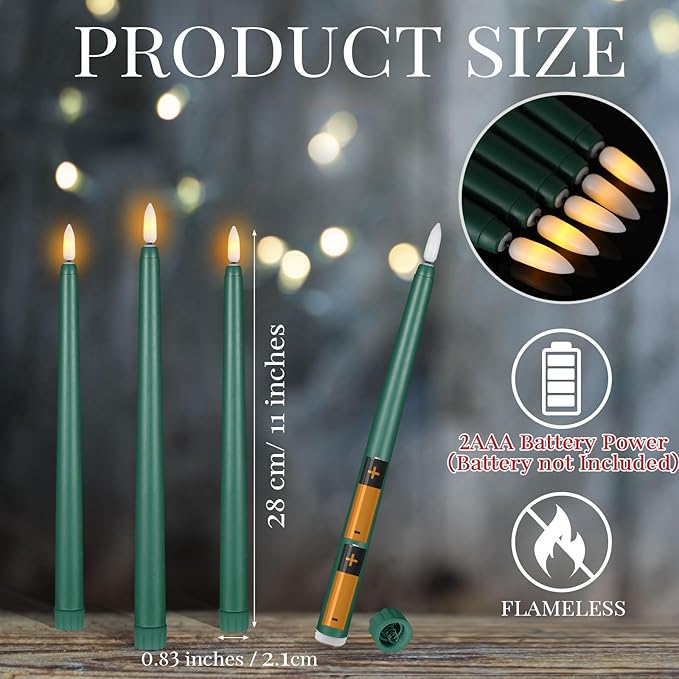 Macarrie 24 Packs Flameless Taper Candles Battery Operated Fake 11 Inch Long Candlelight LED Flameless Candlesticks Flickering Tapered for Spring Summer Wedding(Green)