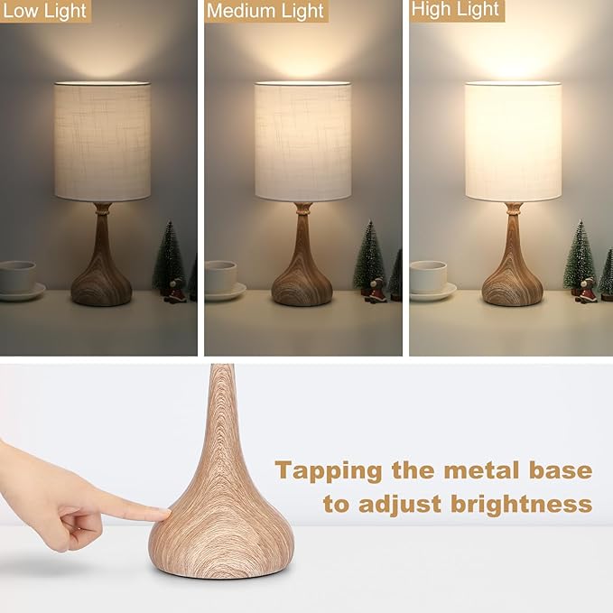 Boncoo Dimmable Small Table Lamp, Bedside Lamps Touch Control for Bedrooms Nightstand with Wood Grain Base, Desk Lamp Night Light for Office Living Room, 9W 3000K LED Bulb Included