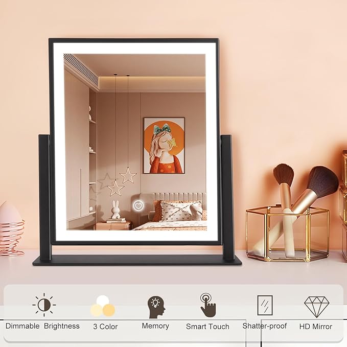 Beelux Vanity Mirror with Lights, 11" Makeup Mirror with Dimmable Light, Smart Control, Memory, Adjustable 3 Modes Lighted LED Mirror for Christmas Birthday Thanksgiving Mother's Day Black